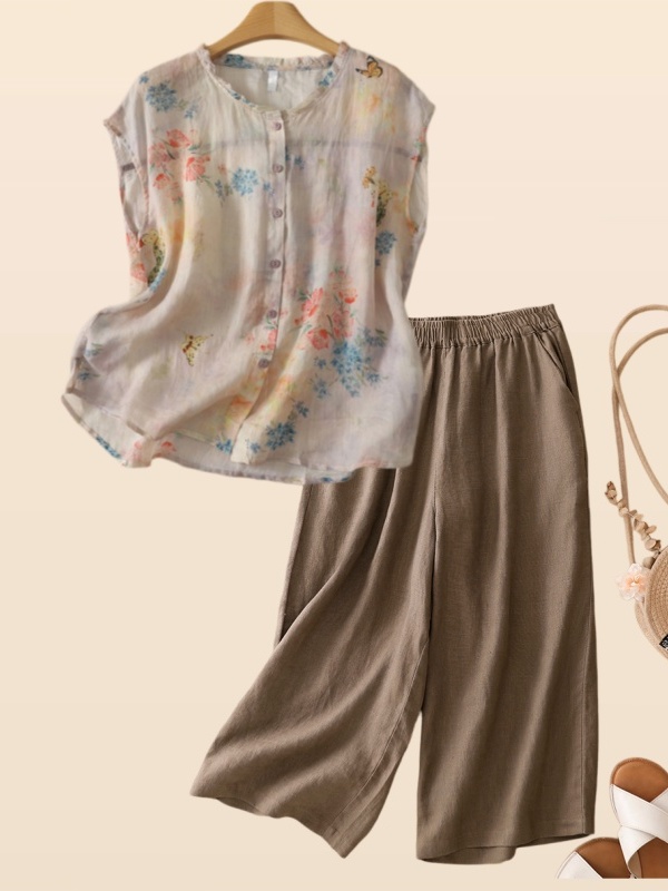 Summer Clothing Over 60 - Sommerliches Baumwoll-Leinen-Hemd mit Blumenmuster und Holzmaserung