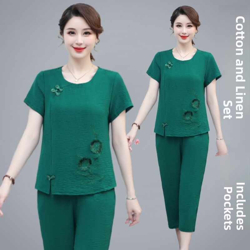 Summer Clothing Over 60 - Sommerliches Baumwoll-Leinen-Kurzarm-Set für Mütter, zweiteiliger Anzug,