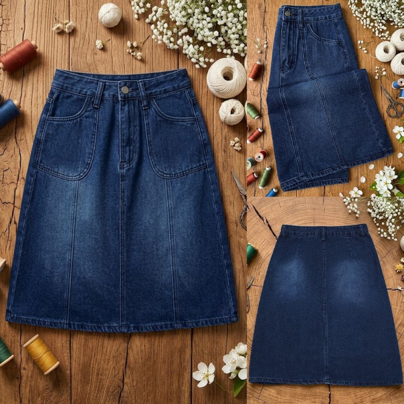 Summer Quilt - Damen High-Waist Mid-Length A-Linien-Jeansrock im Retro-Look,