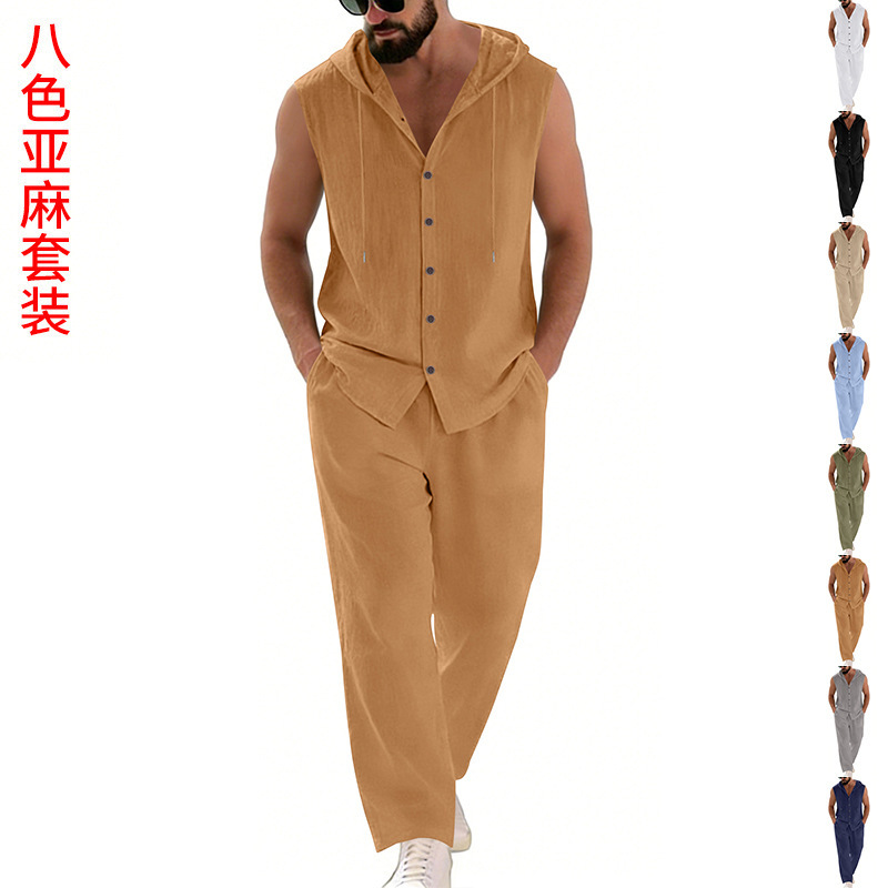 Summer Outdoor Clothing - Herren-Freizeitanzug aus Leinen mit Kapuzenpullover und