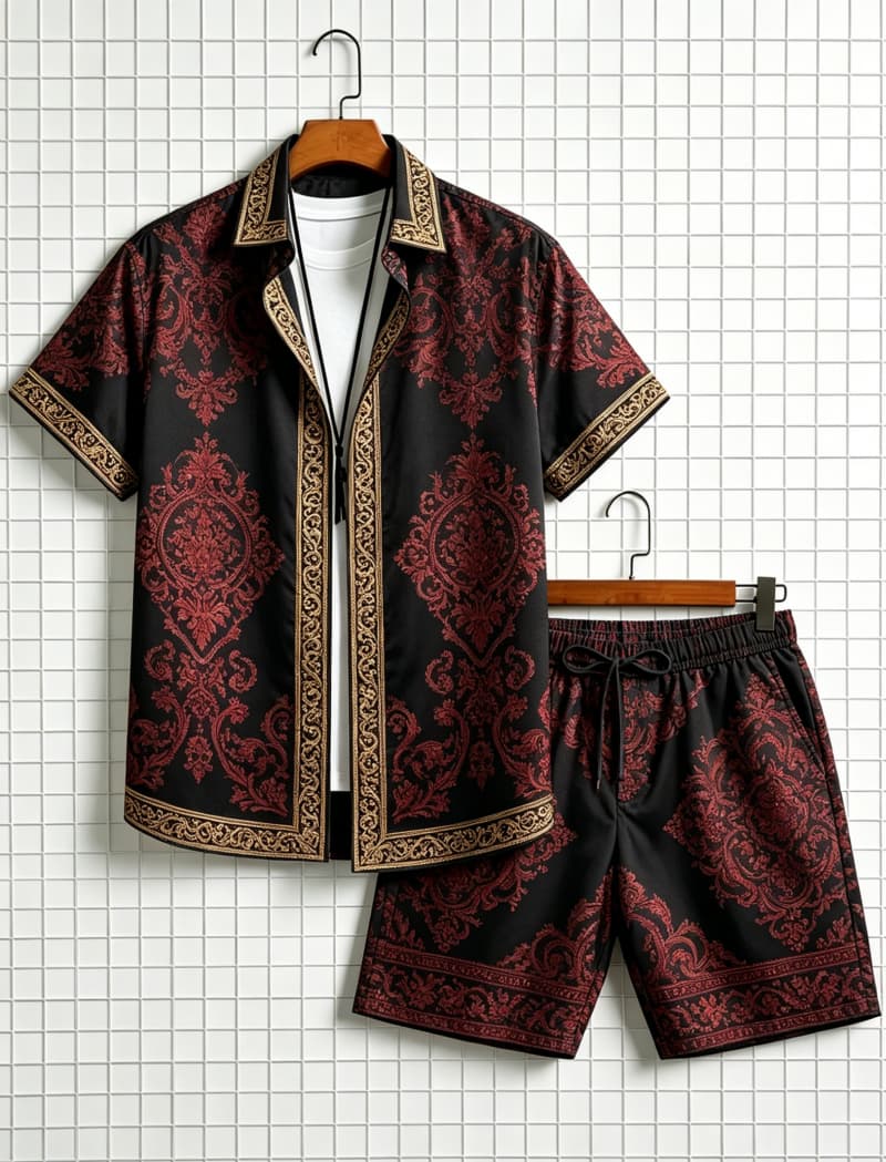 Summer Outdoor Clothing - Herren-Set mit ethnisch bedrucktem Kurzarmhemd und