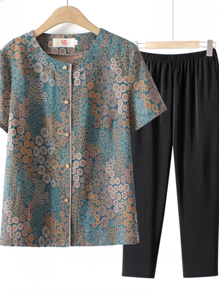 Summer Clothing Over 60 - Oma-Stil Kurzarm-Zweiteiler für Ältere Damen Sommerkleidung