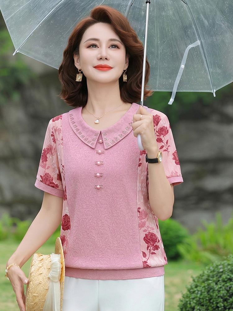 Summer Clothing Over 60 - Figurbetontes Kurzarm-T-Shirt mit modischem Puppenkragen, Spleiß-Design,