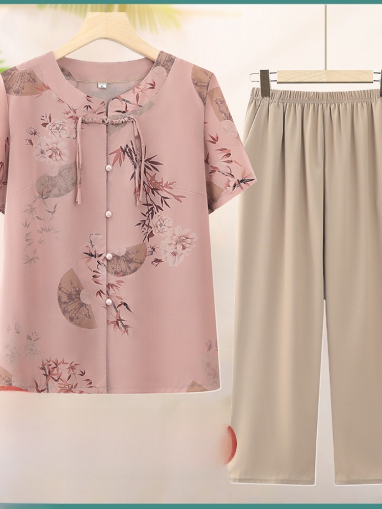 Summer Clothing Over 60 - Modisches Kurzarm-Zweiteiler-Set für Frauen mittleren Alters
